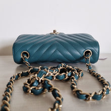Load image into Gallery viewer, Chanel Mini Caviar Rectangular Chevron Turquoise Green Gold Hw