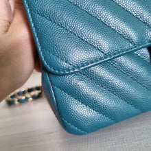 Load image into Gallery viewer, Chanel Mini Caviar Rectangular Chevron Turquoise Green Gold Hw