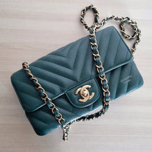 Load image into Gallery viewer, Chanel Mini Caviar Rectangular Chevron Turquoise Green Gold Hw