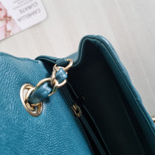 Load image into Gallery viewer, Chanel Mini Caviar Rectangular Chevron Turquoise Green Gold Hw