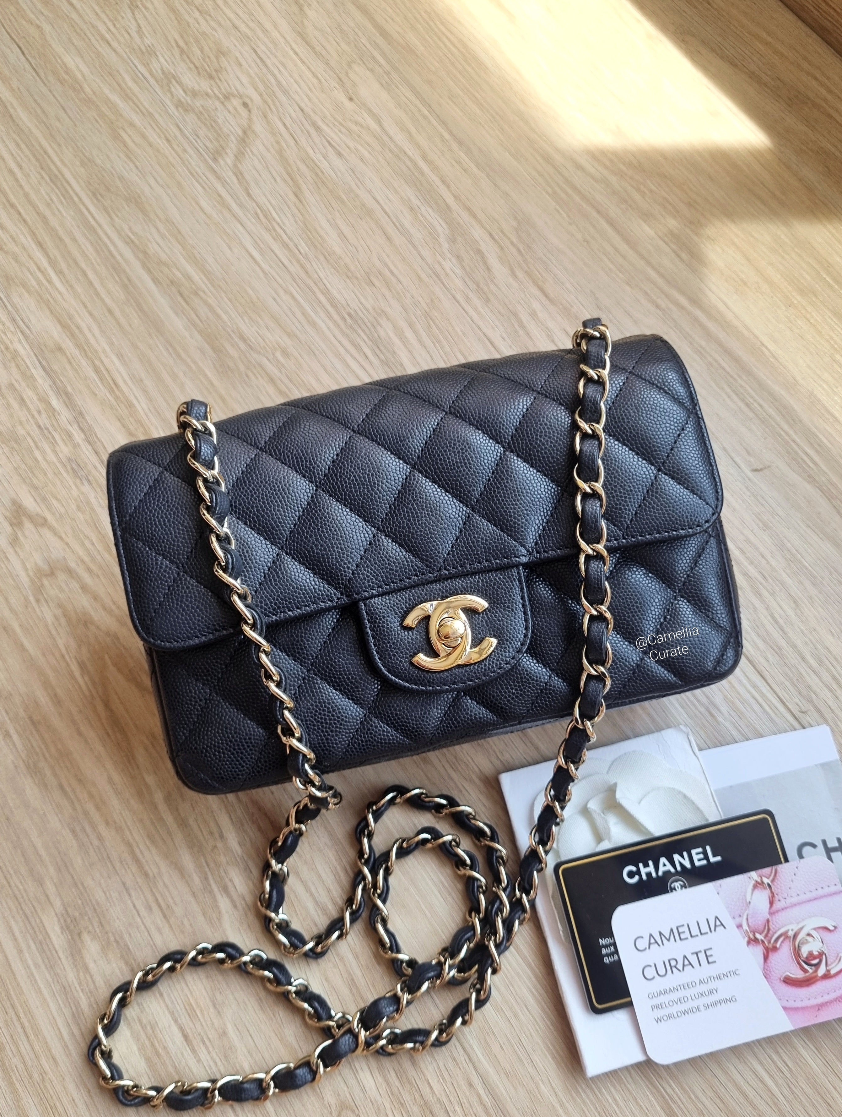 Chanel 17c Mini Caviar Black Rectangular Edge Stitching Gold