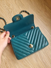 Load image into Gallery viewer, Chanel Mini Square Green Turquoise Chevron Caviar Light Gold Hw