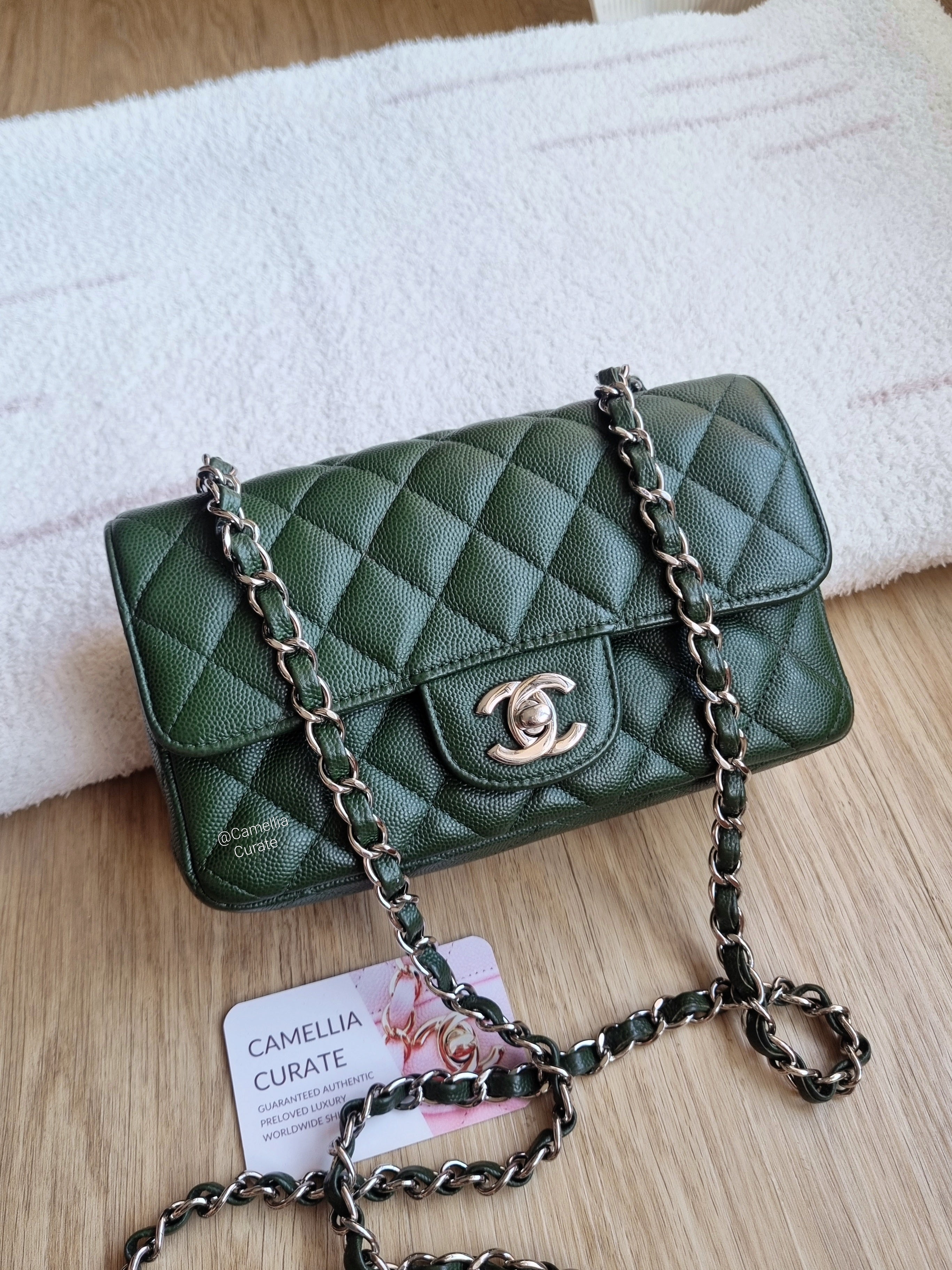 Chanel Mini Rec Forest Green Caviar Edge Stitching Silver Hw