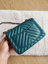 Load image into Gallery viewer, Chanel Mini Square Green Turquoise Chevron Caviar Light Gold Hw