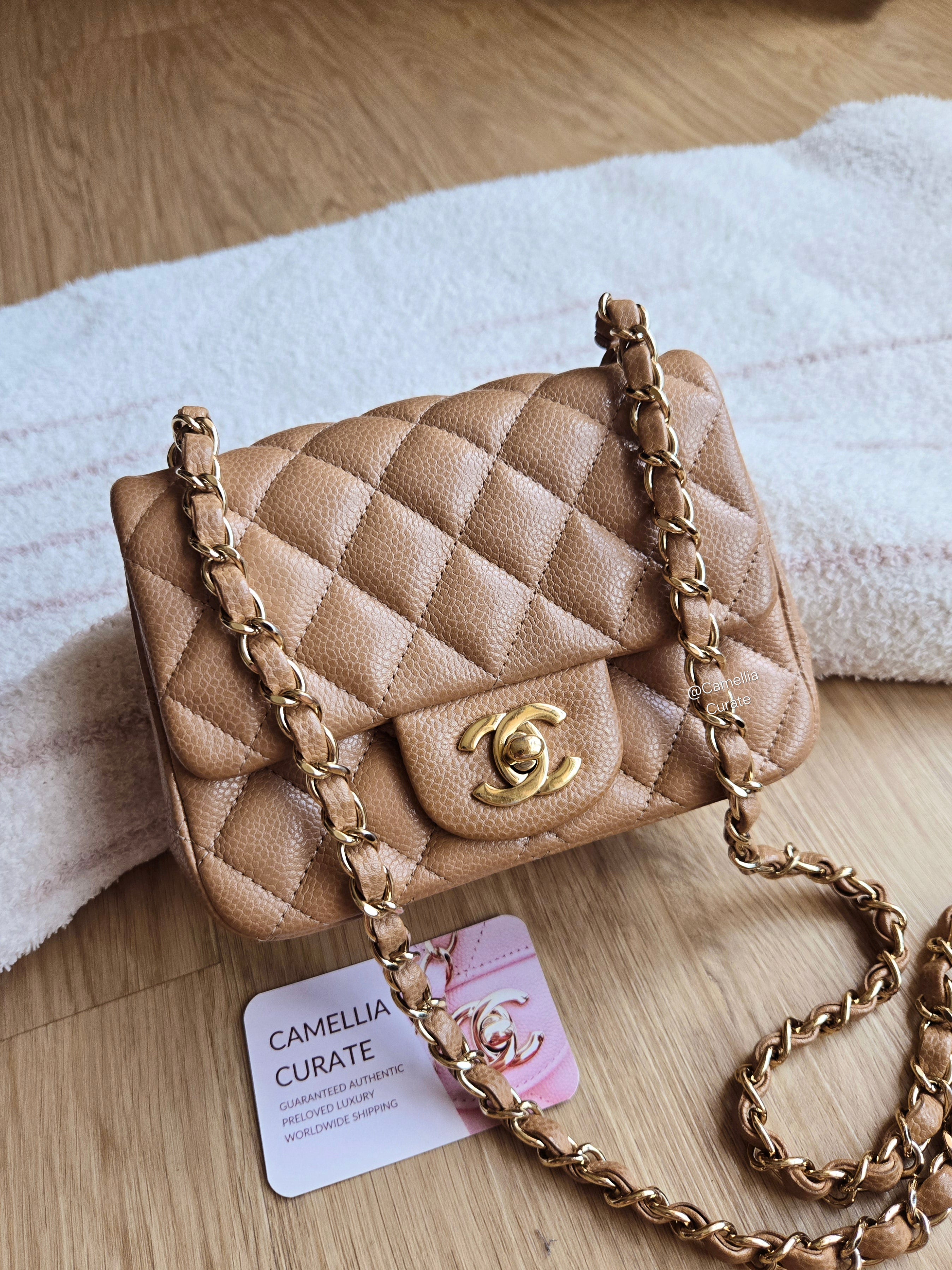 Chanel 18s Dark Beige Caramel Caviar Classic Mini Square