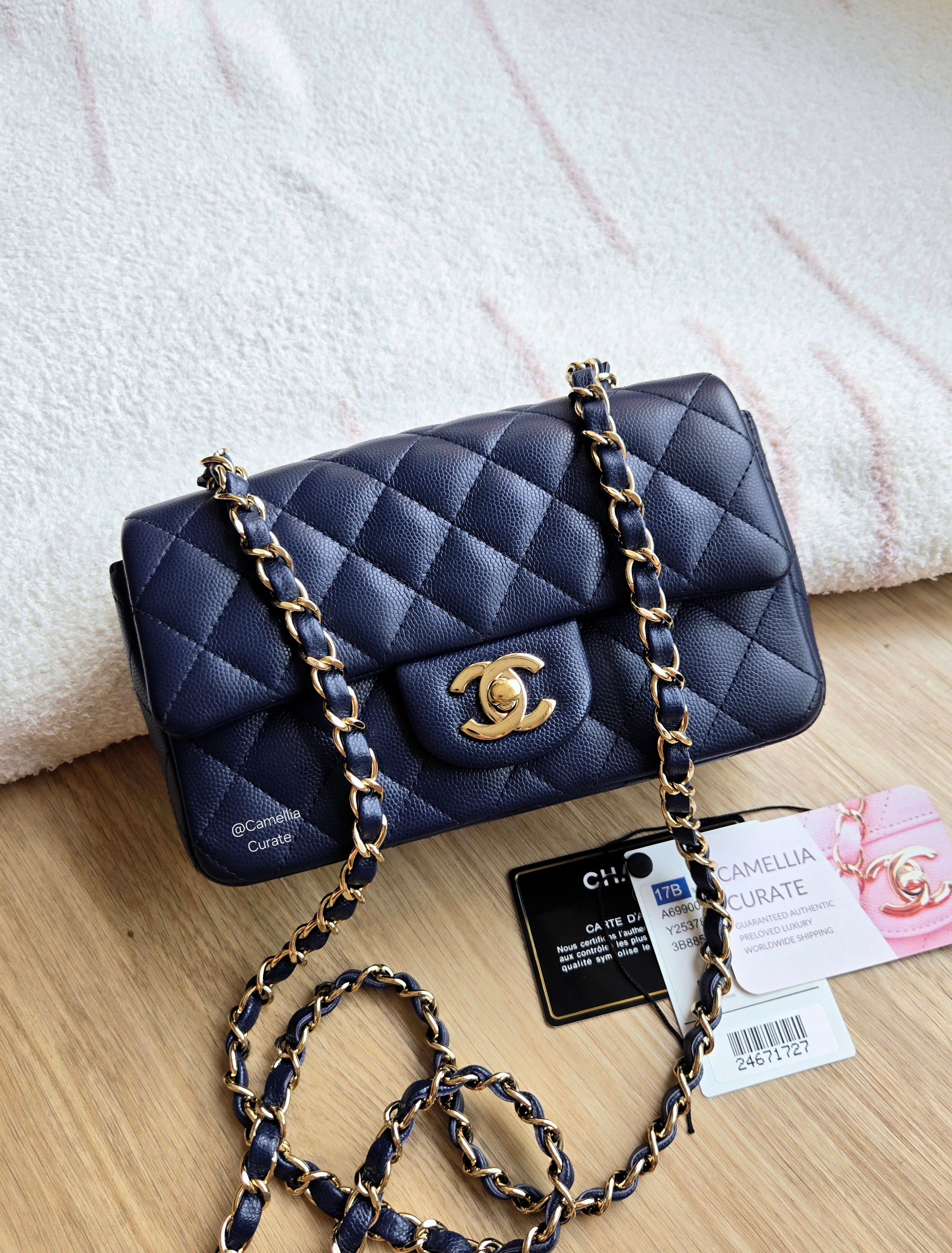 Chanel 17B Navy Blue Caviar Mini Rectangle Gold Hw – CamelliaCurate