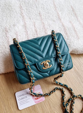 Load image into Gallery viewer, Chanel Mini Square Green Turquoise Chevron Caviar Light Gold Hw
