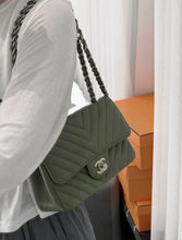 Load image into Gallery viewer, Chanel Sage Green Classic Mini Rectangle Caviar Chevron Silver Hw