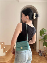 Load image into Gallery viewer, Chanel Mini Square Green Turquoise Chevron Caviar Light Gold Hw