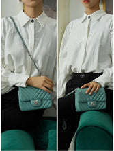 Load image into Gallery viewer, Chanel Mini Square Green Turquoise Chevron Caviar Light Gold Hw