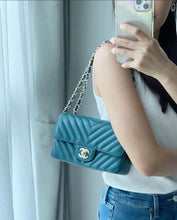 Load image into Gallery viewer, Chanel Mini Caviar Rectangular Chevron Turquoise Green Gold Hw