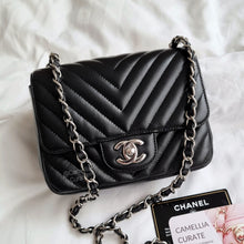 Load image into Gallery viewer, Chanel Mini Caviar Square Chevron Black Silver HW