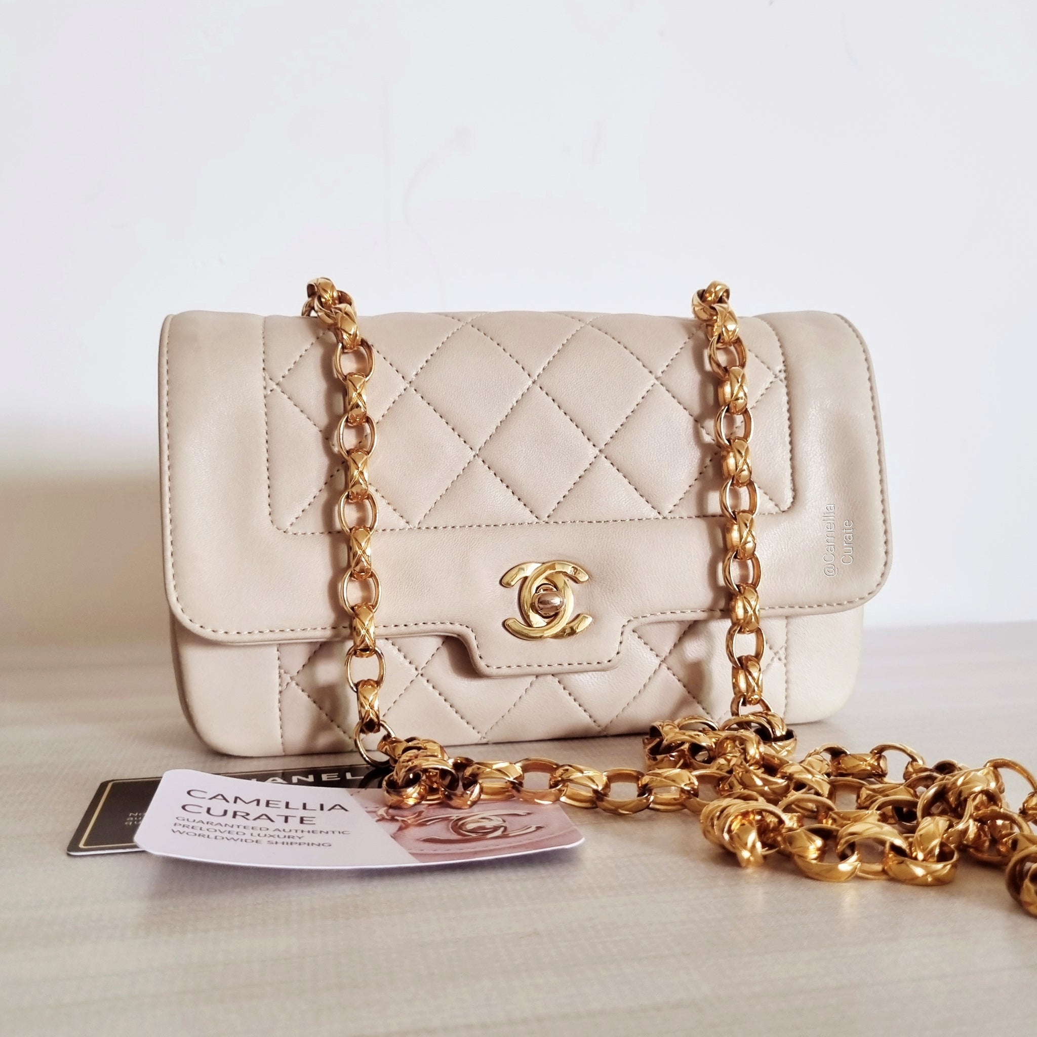 Chanel Mini Diana Bijoux Chain Beige Lambskin Vintage 24k Gold