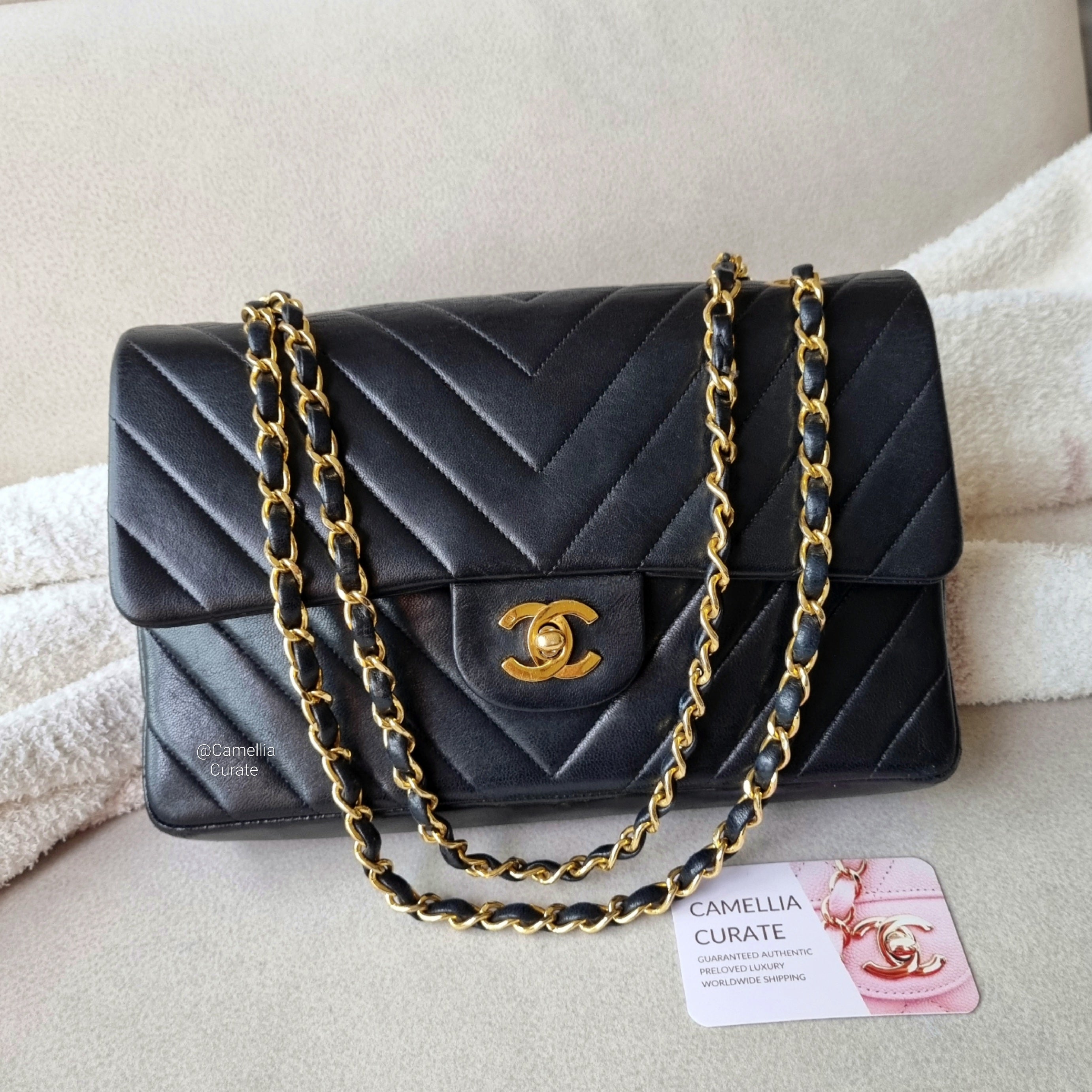 Chanel Chevron Classic Medium Flap Black Lambskin Vintage 24k Gold –  CamelliaCurate