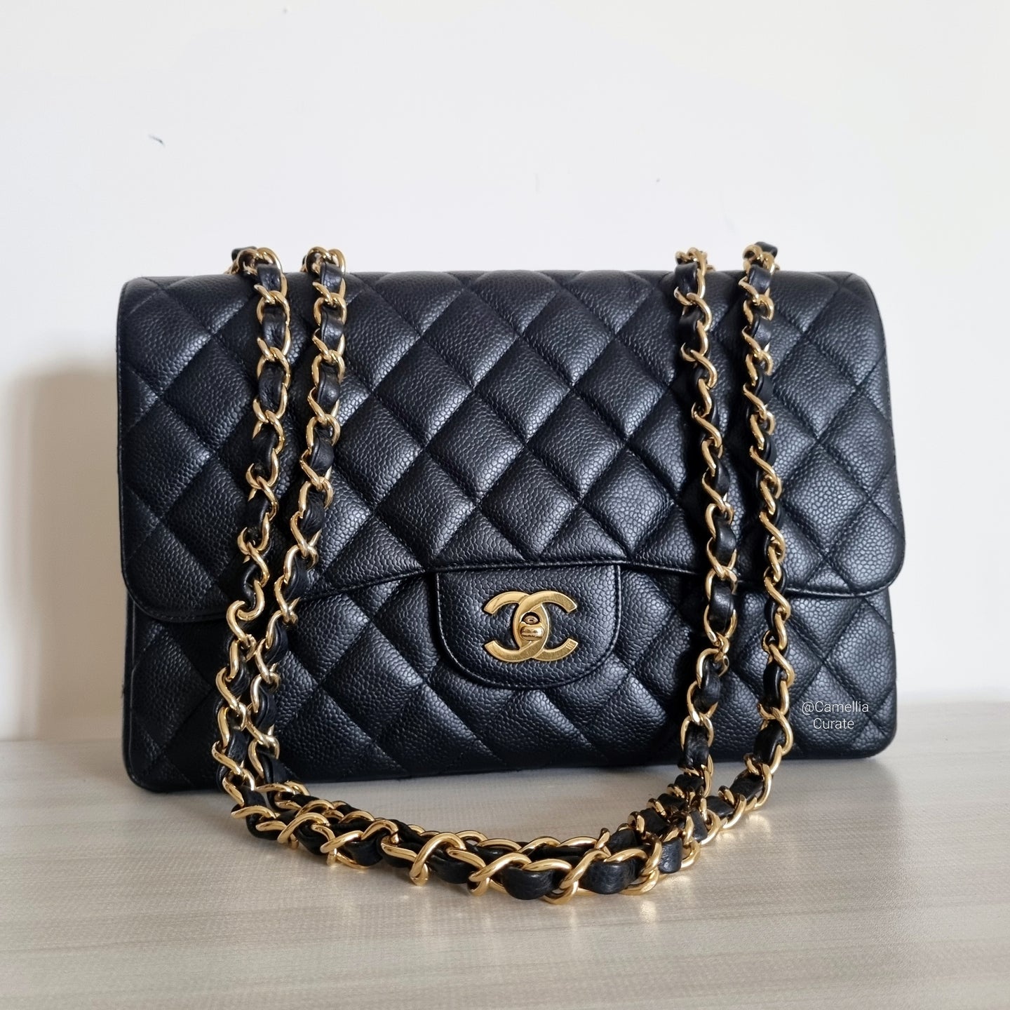 Chanel Jumbo Single Flap Black Caviar Vintage 24k Gold