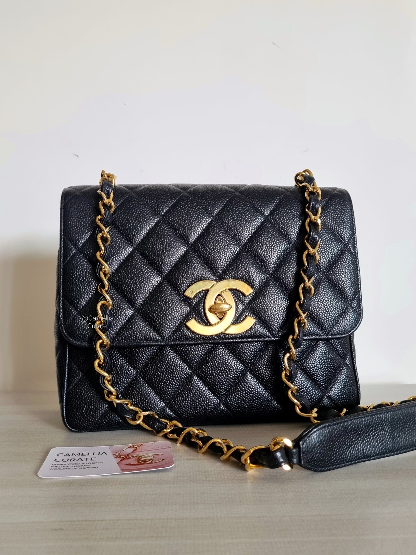 Chanel Square Flap Black Caviar Large CC 24k Gold