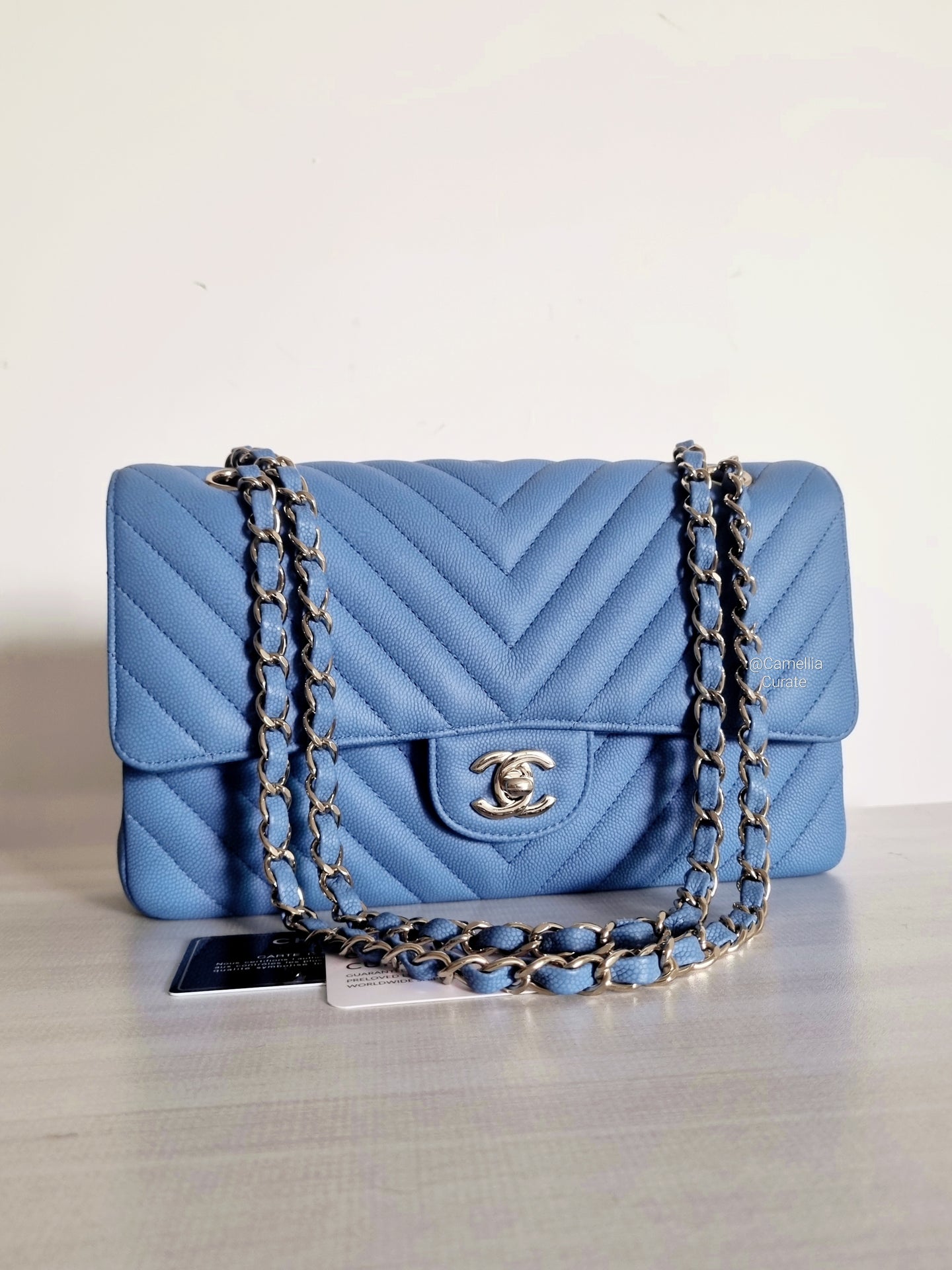 Chanel Sky Blue Caviar Medium Flap Gold Hw
