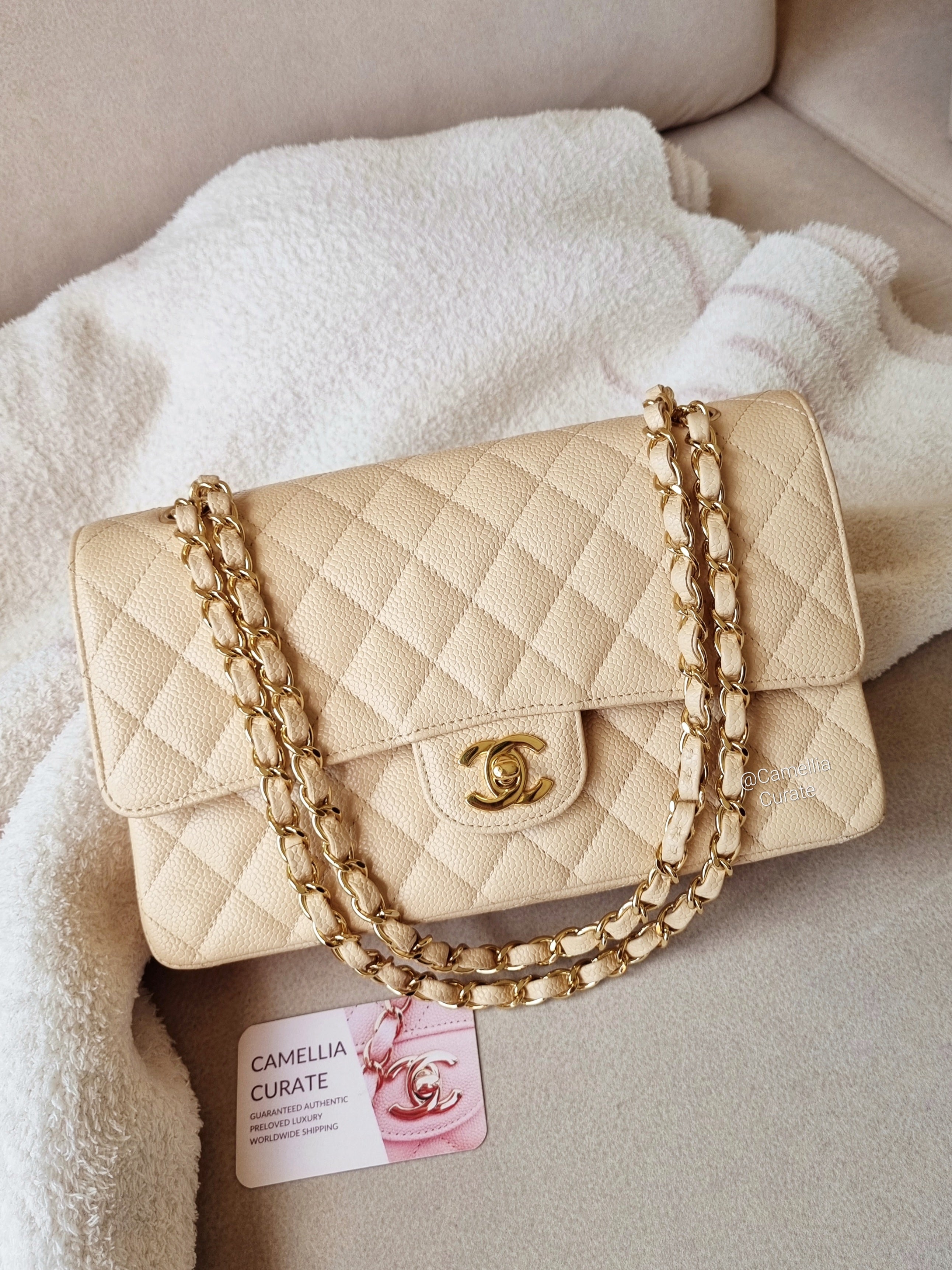 Chanel classic flap discount beige gold hardware