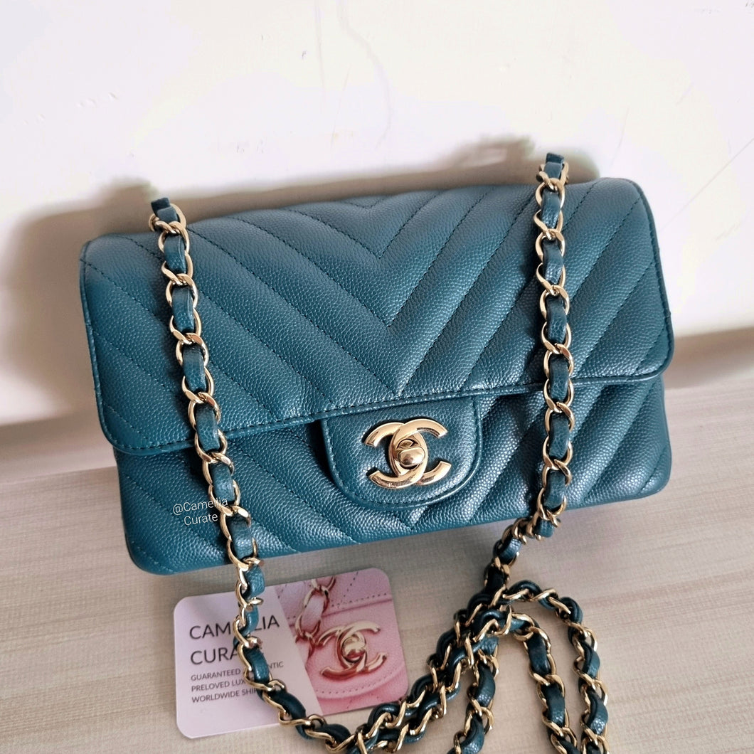 Chanel Mini Caviar Rectangular Chevron Turquoise Green Gold Hw