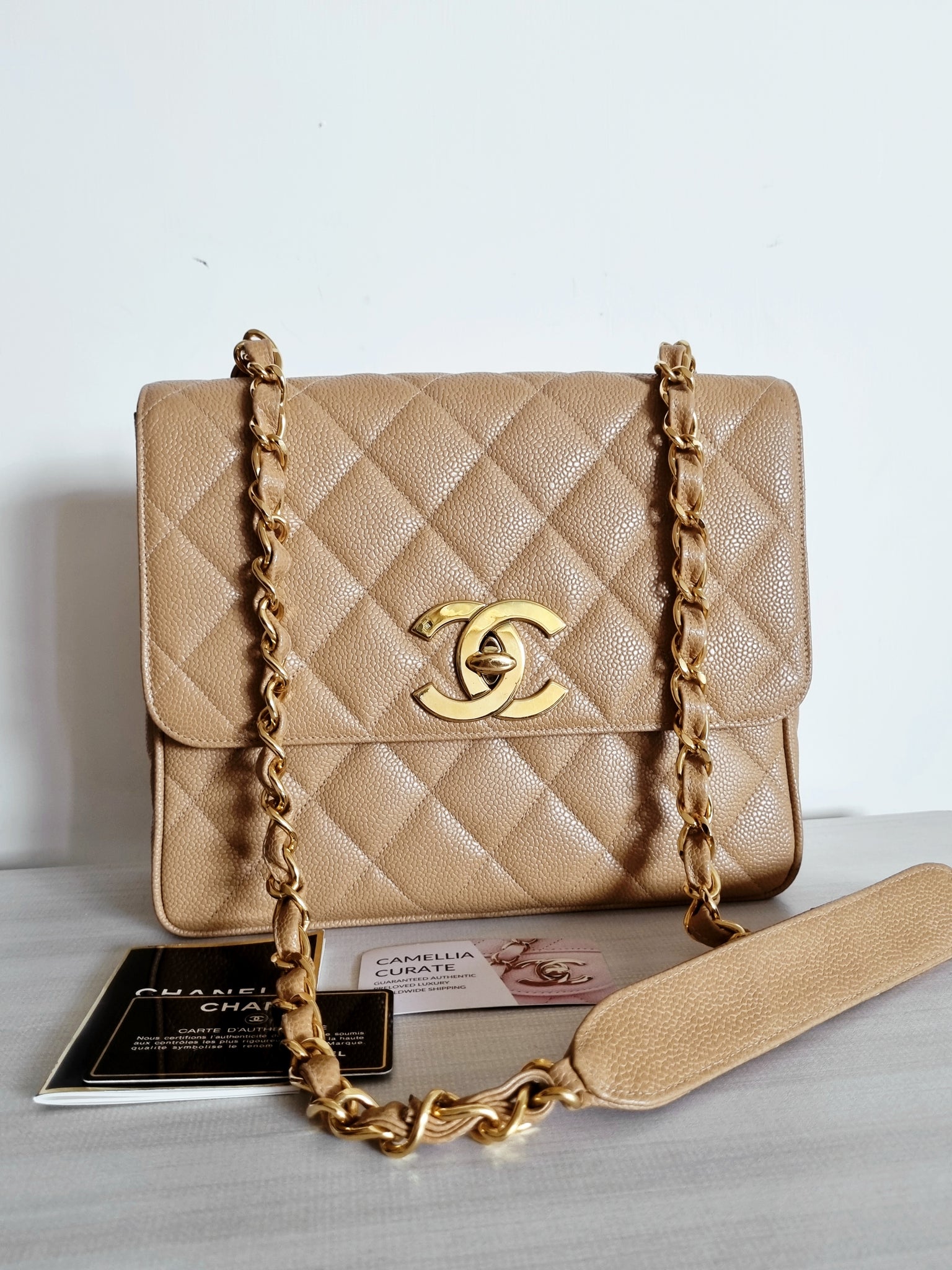 Caramel Chanel classic flap medium in 24k gold hardware