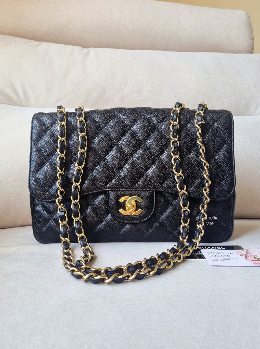 Chanel Jumbo Single Flap Black Caviar 24k Gold