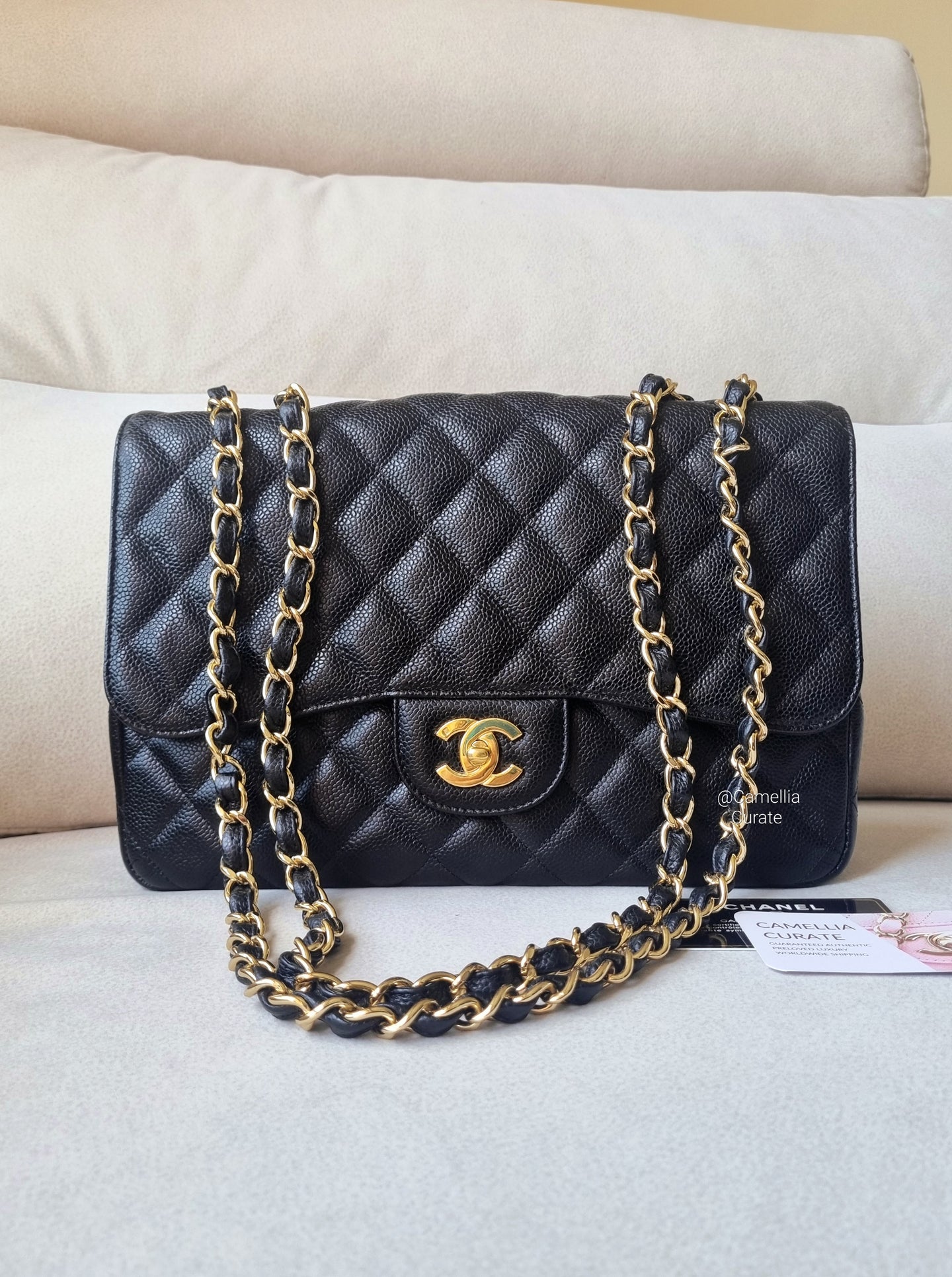 Chanel Jumbo Single Flap Black Caviar 24k Gold