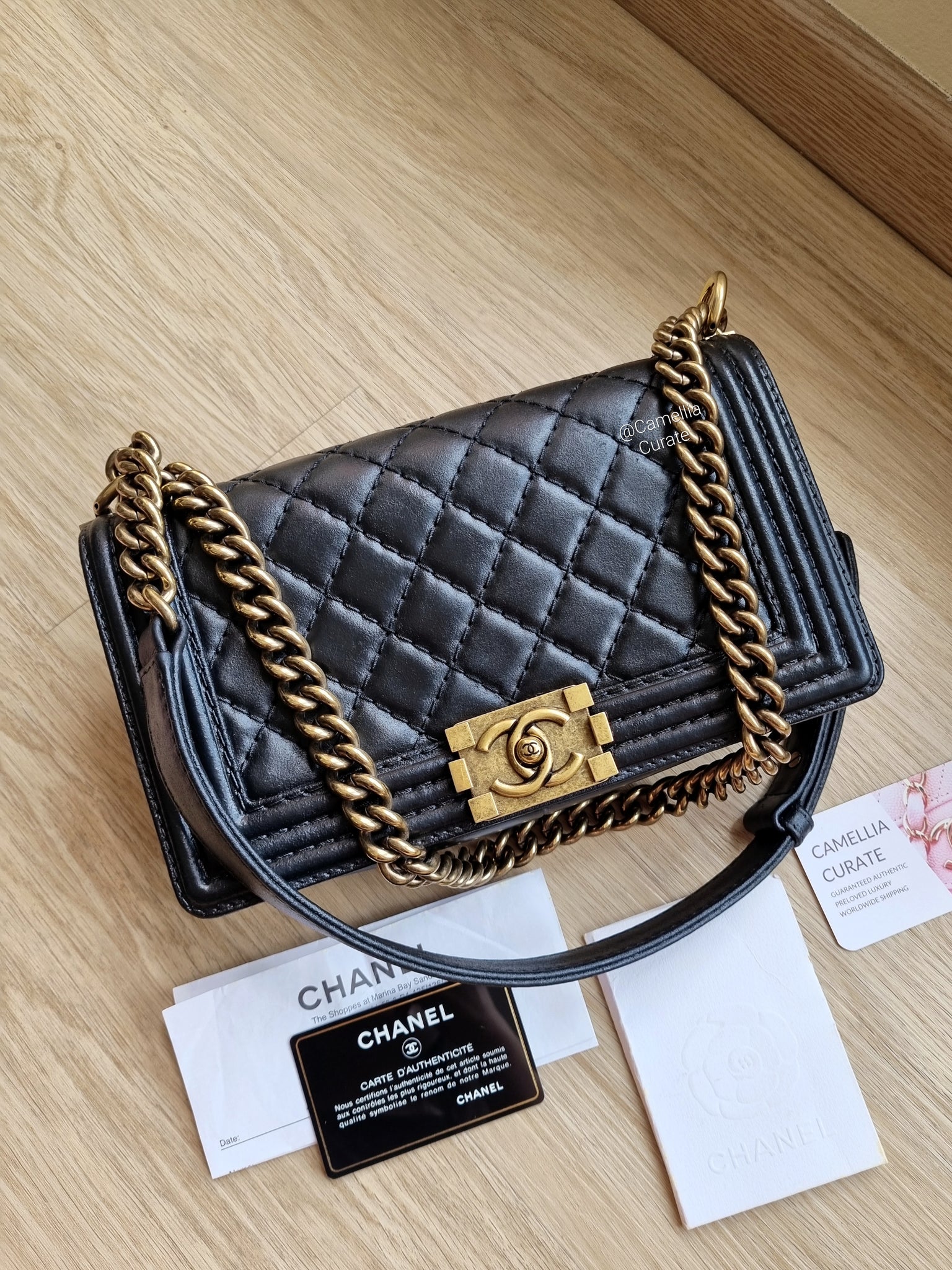 Chanel le boy cheap black gold hardware