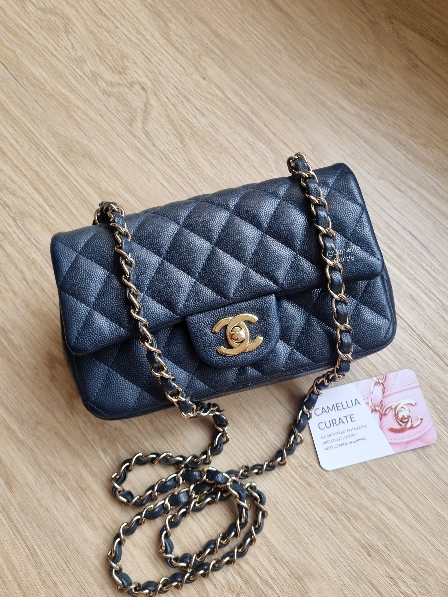 Chanel Mini Caviar Navy Grey Gold Hardware