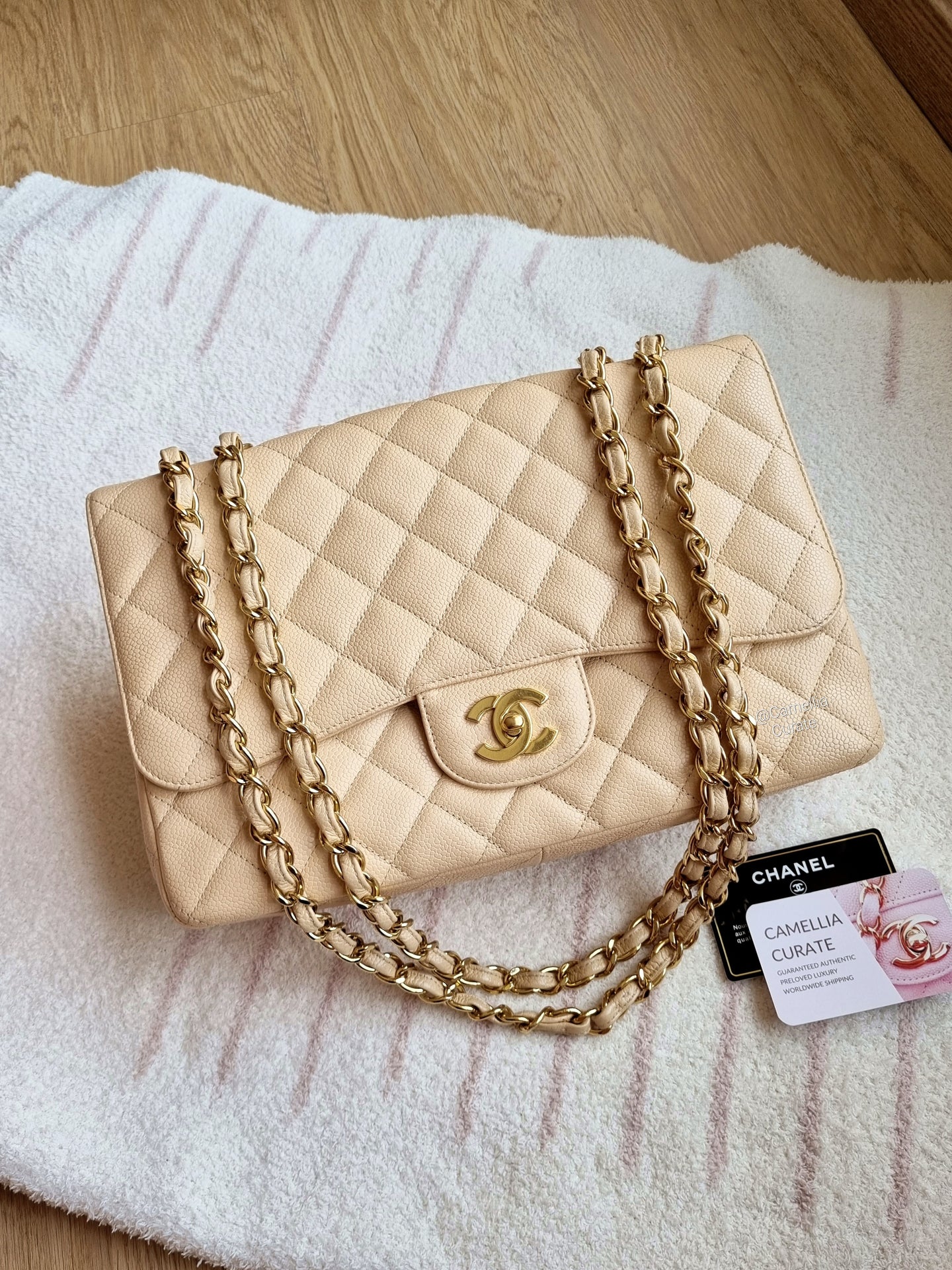 Chanel Single Flap Jumbo Beige Caviar Gold Hardware