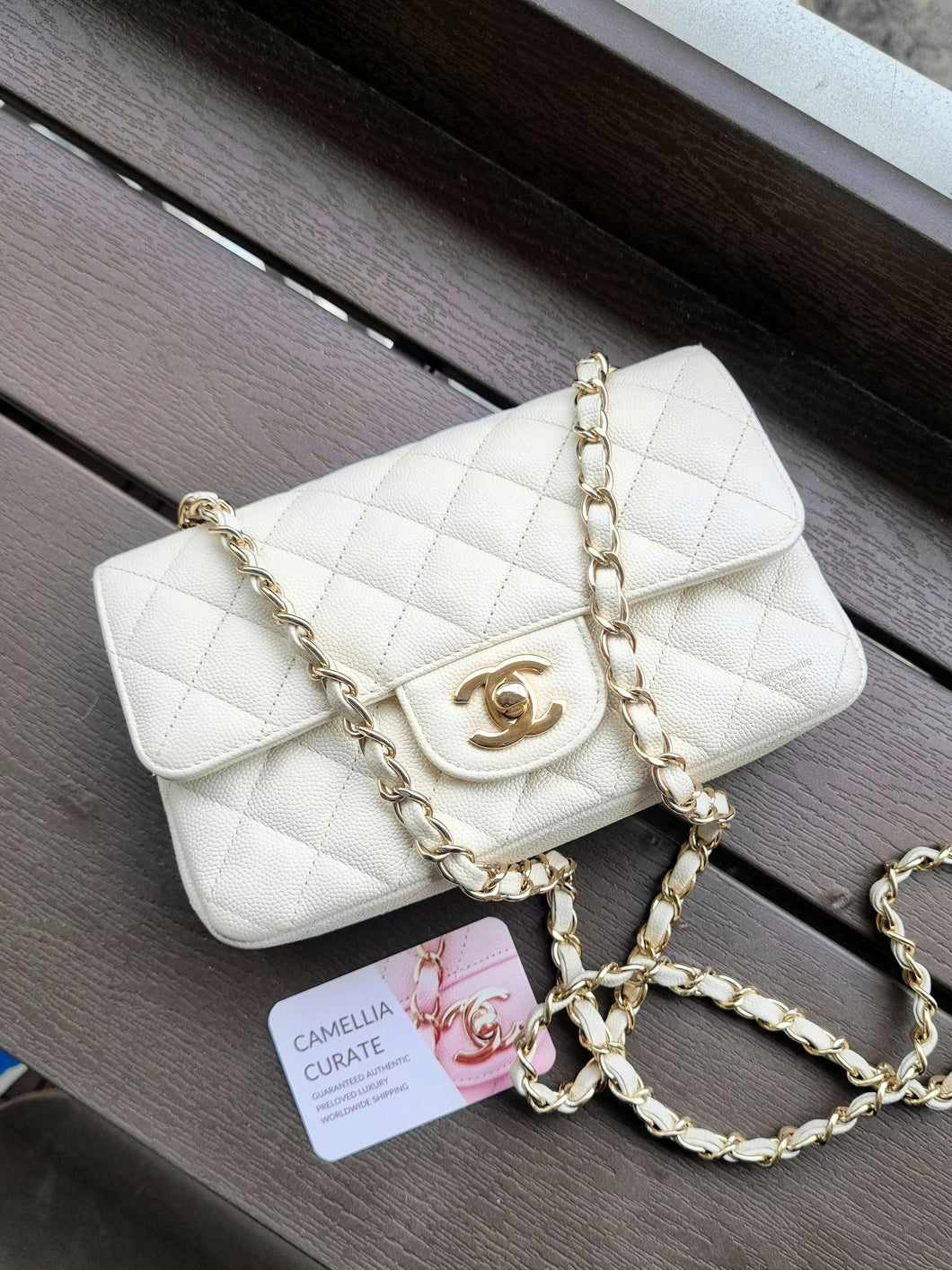 Chanel 17c Ivory Caviar Rectangle Mini Gold Hardware