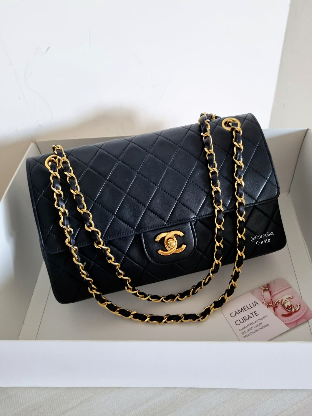 Chanel Classic Medium Straight Flap Black Vintage 24k Gold