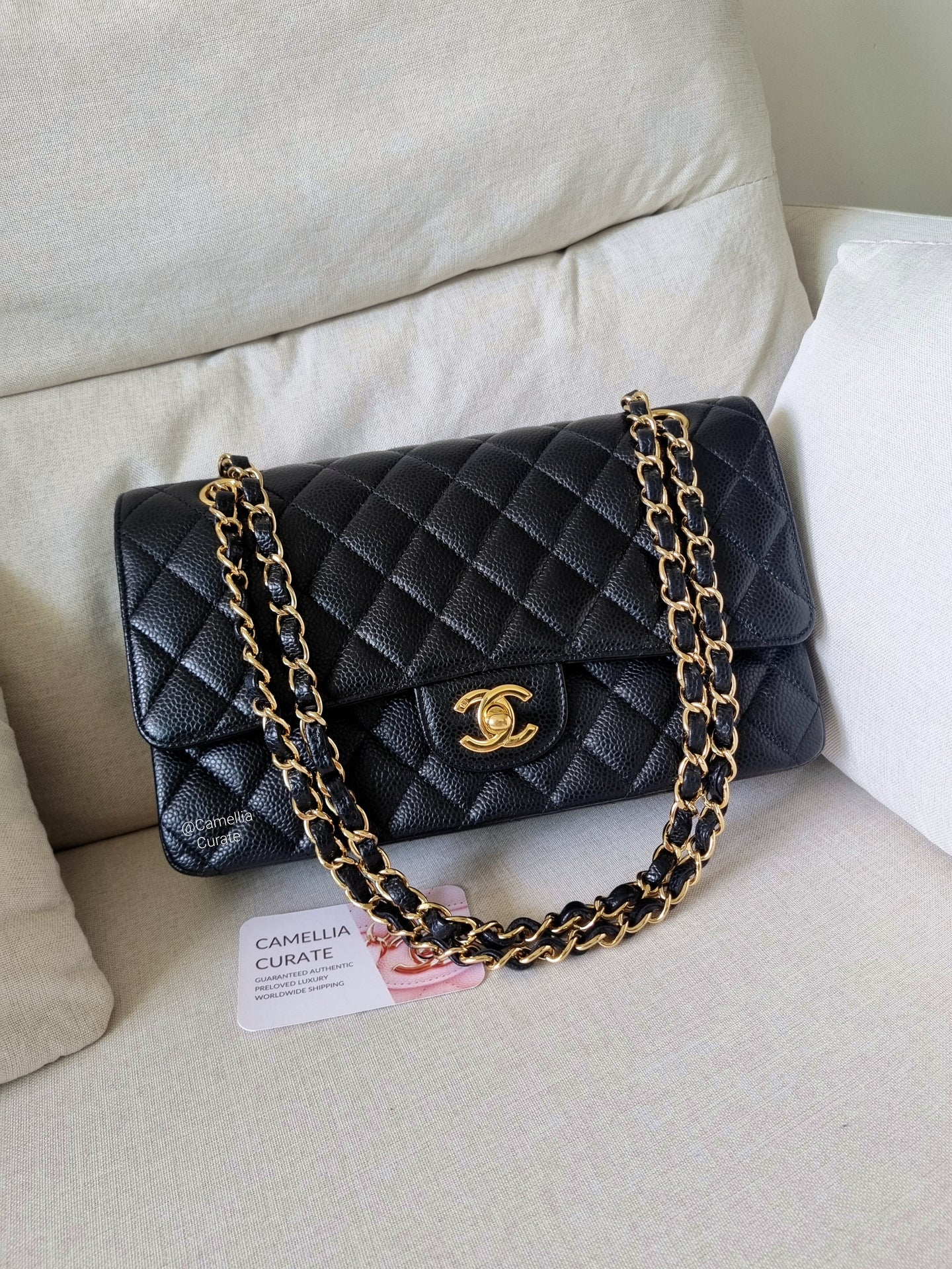 Chanel Classic Medium Flap Black Caviar Vintage 24k Gold