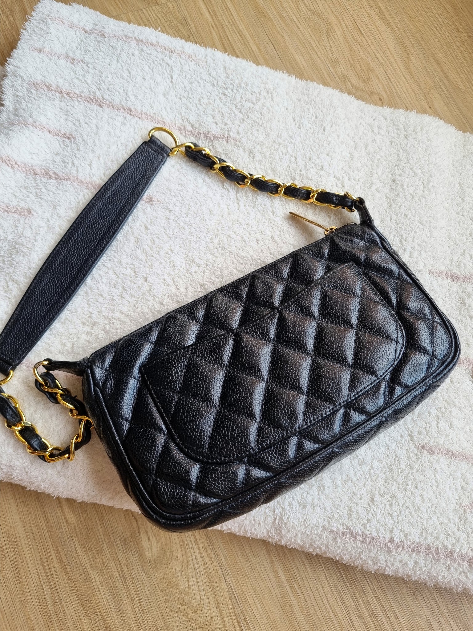 Chanel Timeless Pochette Shoulder Bag Black Caviar 24k Gold