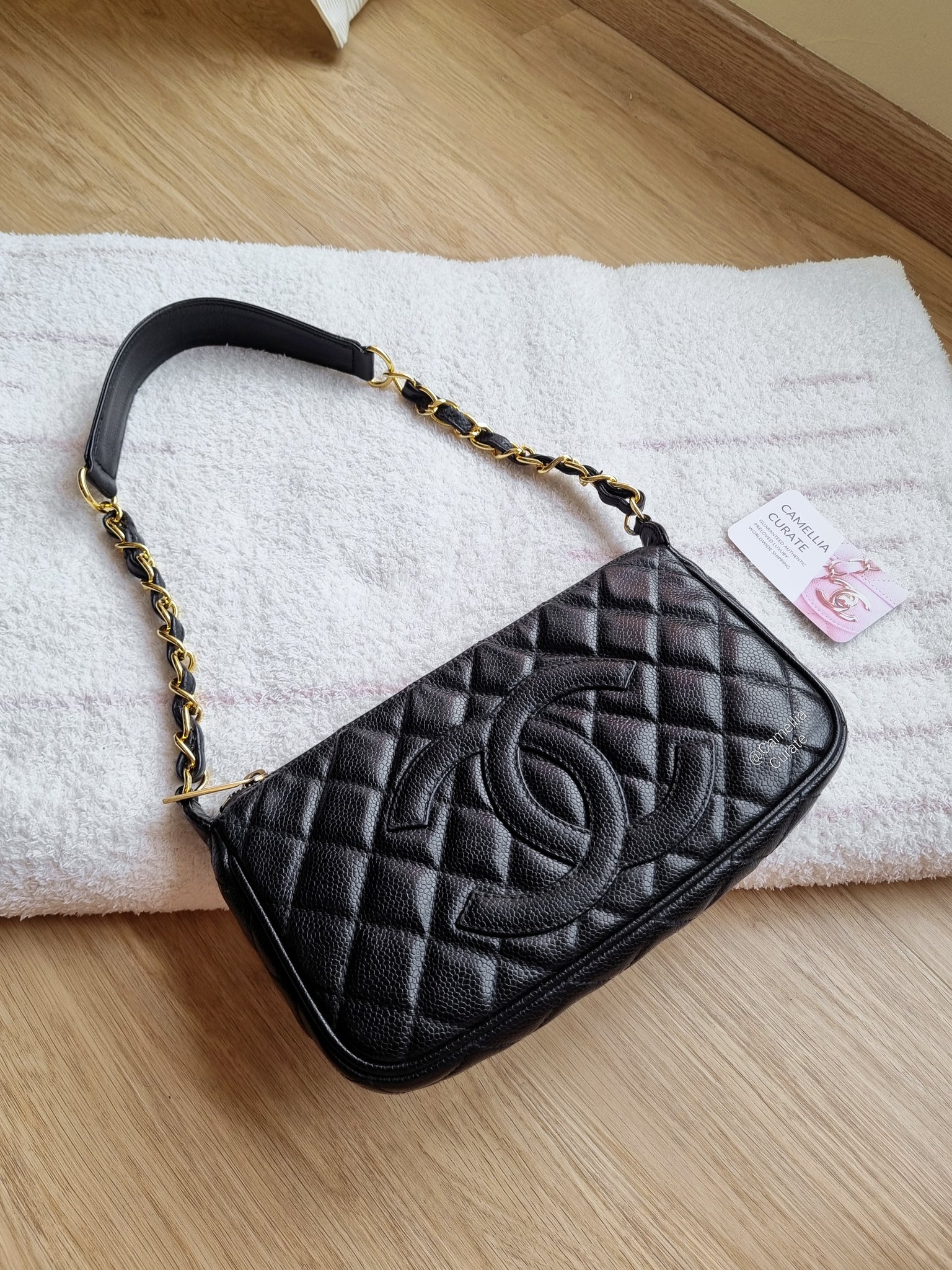 Chanel Timeless Pochette Shoulder Bag Black Caviar 24k Gold