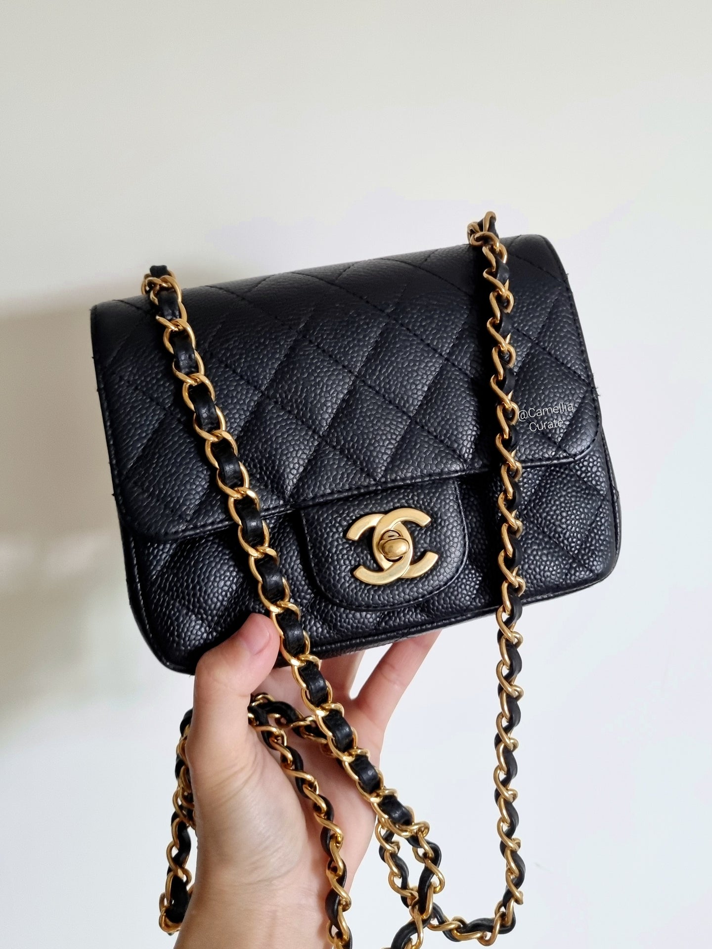 Chanel Mini Square Edge Stitching Black Caviar Gold Hw