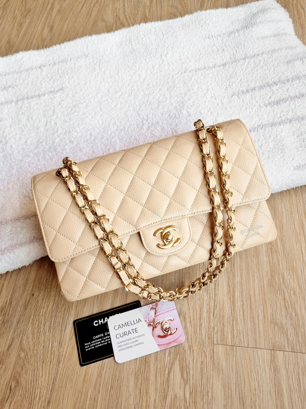 Chanel Classic Medium Flap Beige Clair Caviar Gold Hw