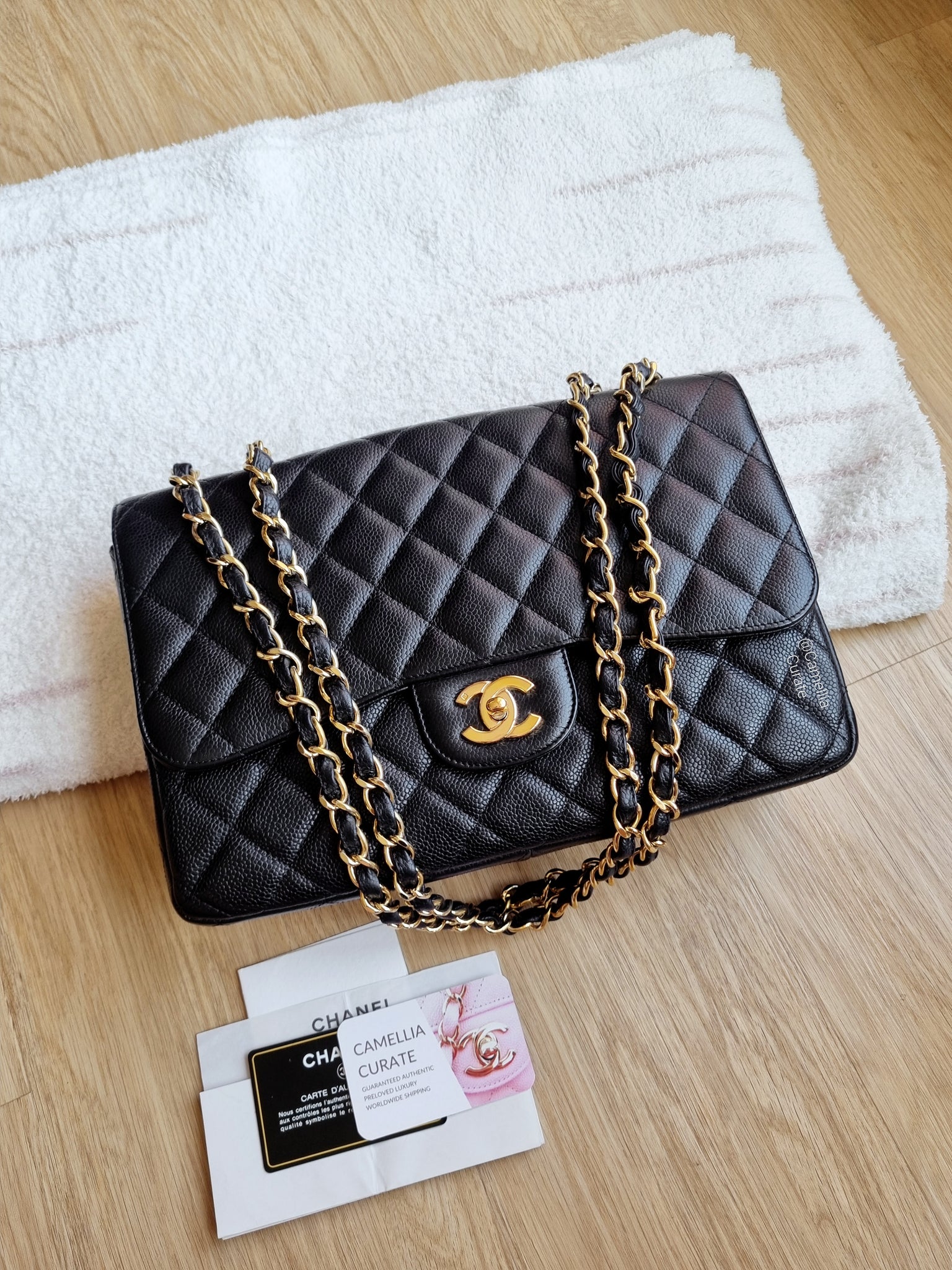 Chanel Jumbo Single Flap Black Caviar 24k Gold – CamelliaCurate