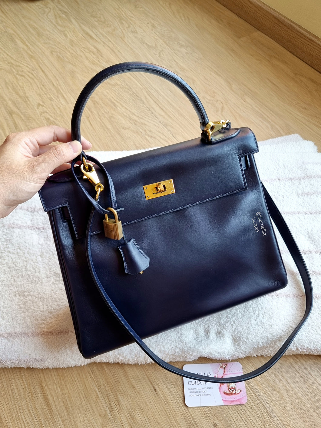 Hermes Kelly 28 Navy Box Leather Gold Hardware