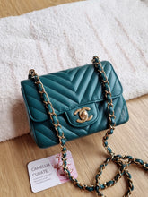 Load image into Gallery viewer, Chanel Mini Square Green Turquoise Chevron Caviar Light Gold Hw
