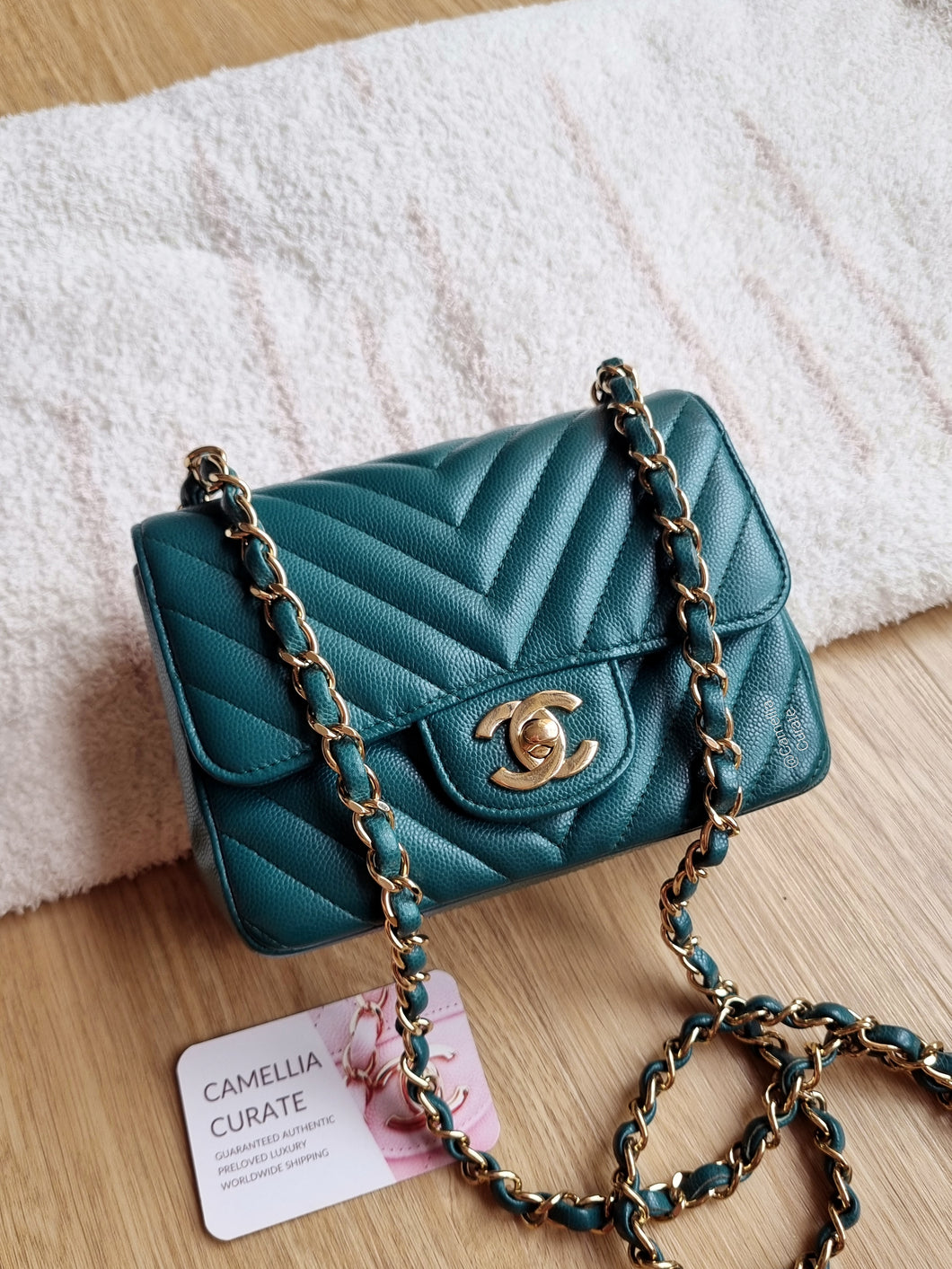 Chanel Mini Square Green Turquoise Chevron Caviar Light Gold Hw