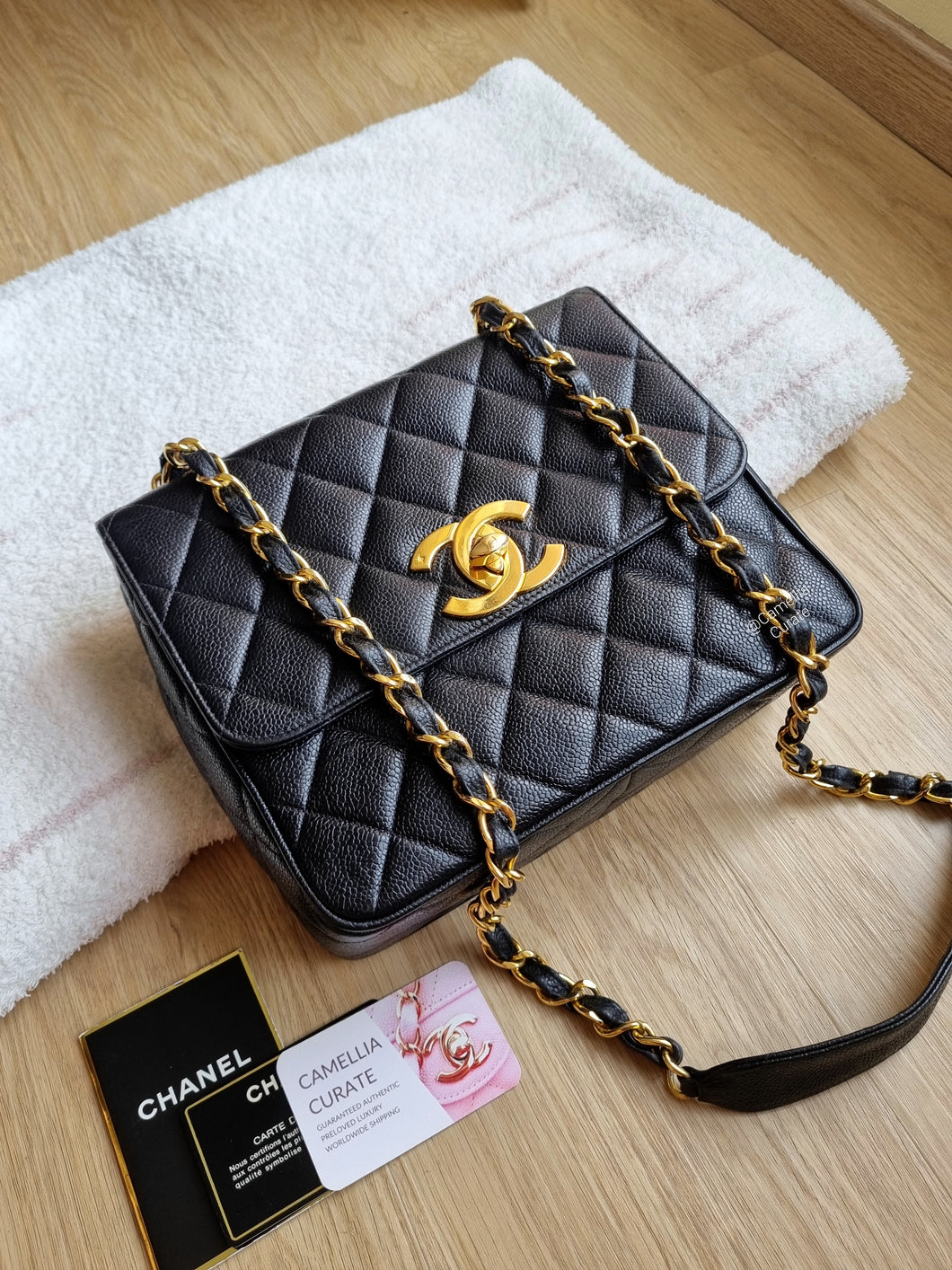 Chanel Square Flap Vintage Black Caviar Large CC 24k Gold