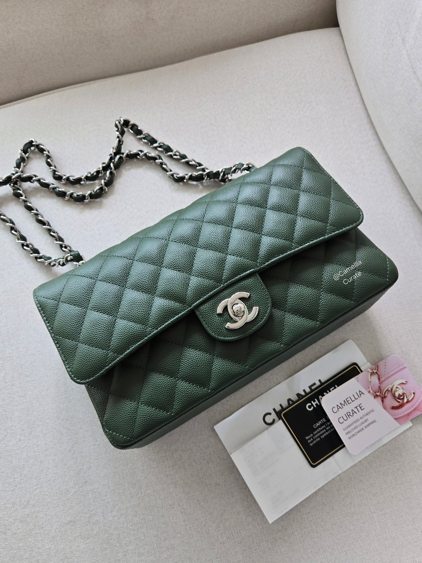 Chanel Forest Green Classic Medium Flap Edge Stitching Silver Hw