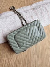 Load image into Gallery viewer, Chanel Sage Green Classic Mini Rectangle Caviar Chevron Silver Hw
