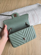 Load image into Gallery viewer, Chanel Sage Green Classic Mini Rectangle Caviar Chevron Silver Hw
