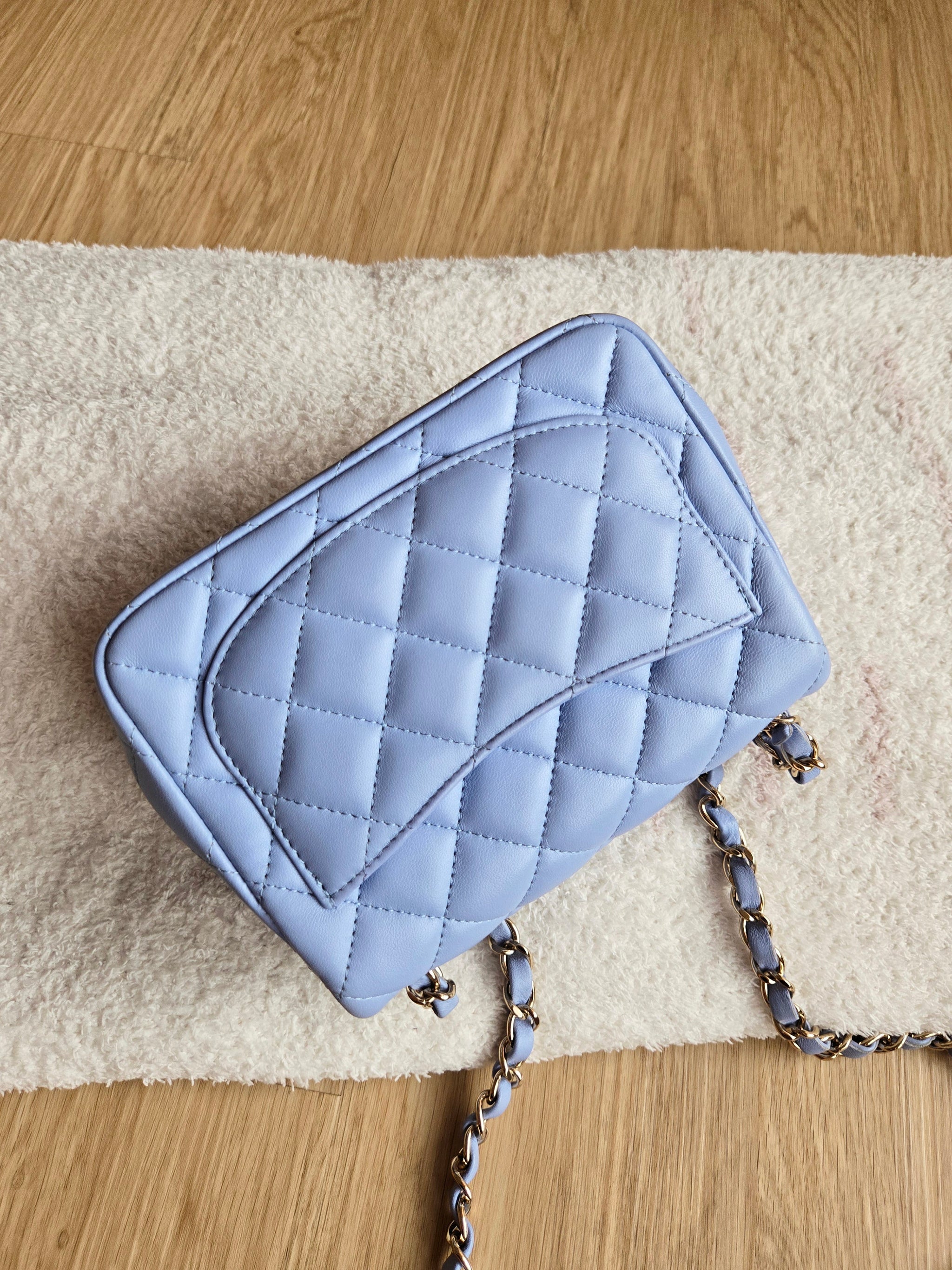 Chanel 21p Baby Blue Classic Mini Square Champagne Gold Hw