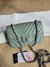 Load image into Gallery viewer, Chanel Sage Green Classic Mini Rectangle Caviar Chevron Silver Hw
