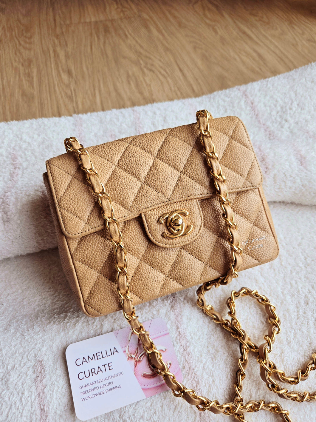 Chanel Dark Beige Caviar Mini Square Vtg 24k Gold