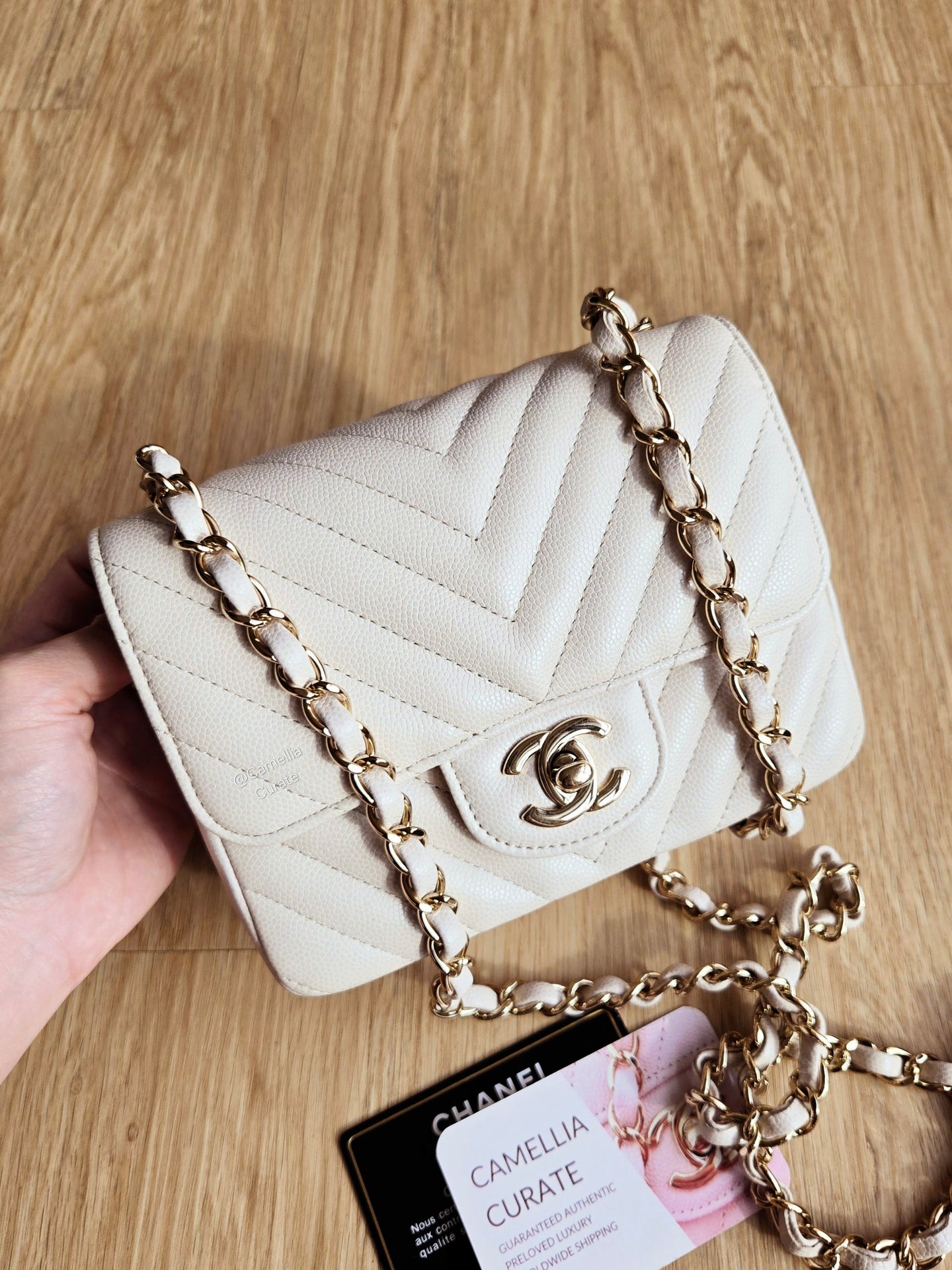 Chanel 18b Ivory Caviar Chevron Classic Mini Square Gold Hw