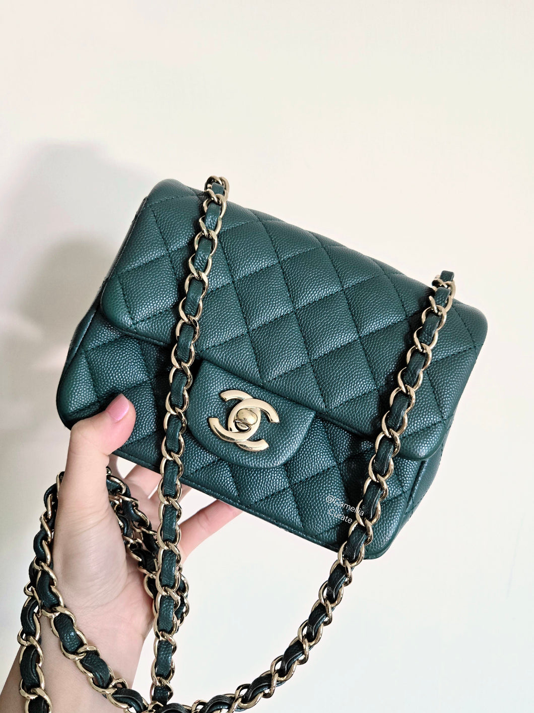 Chanel Mini Square Dark Green Caviar Champagne Gold Hw