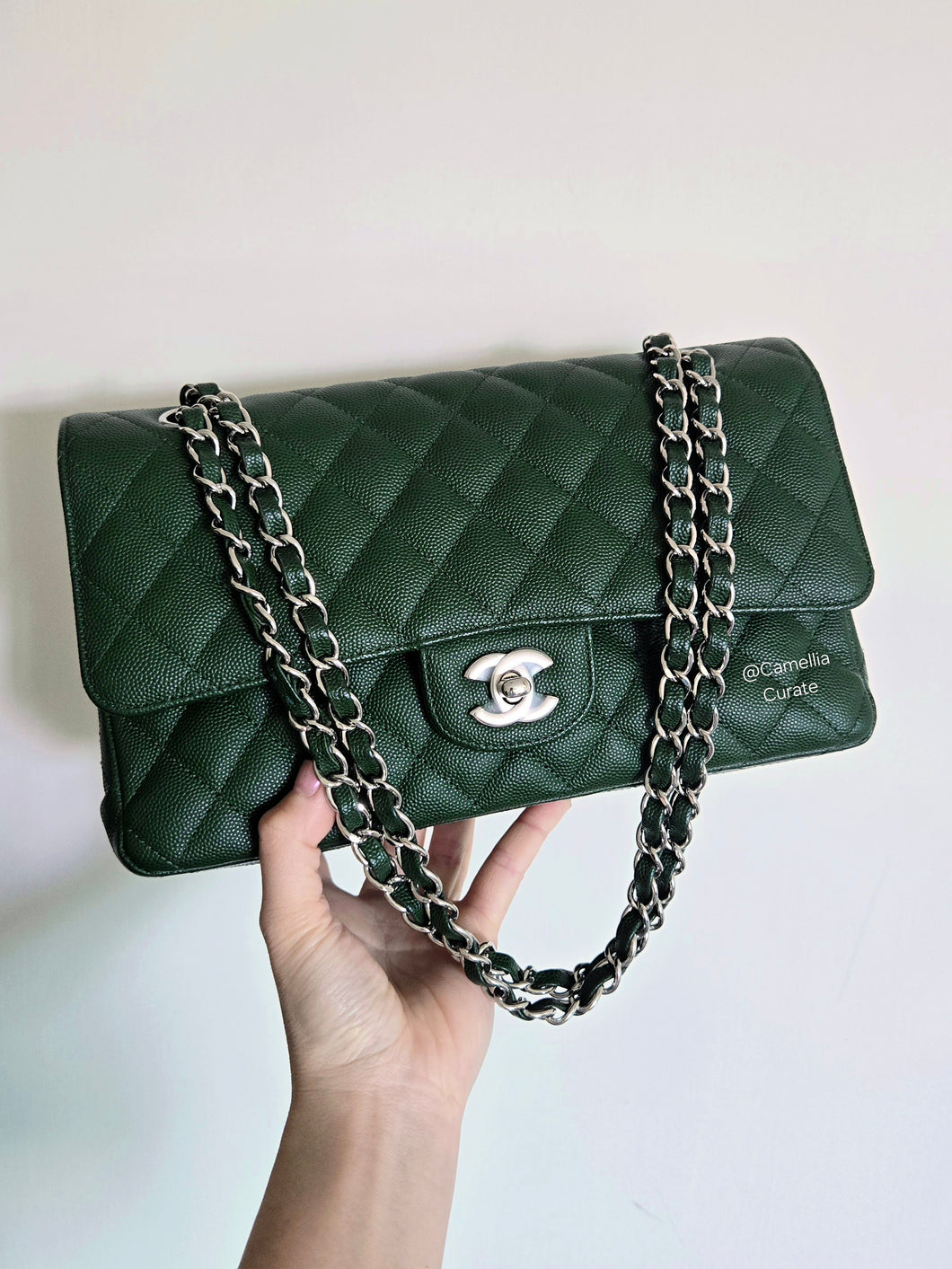 Chanel Forest Green Caviar Classic Medium Flap Silver Hw